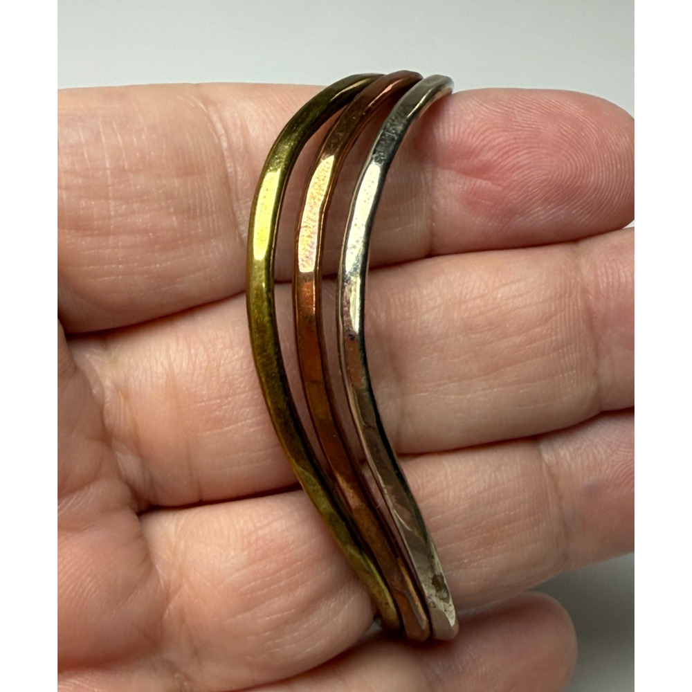 Vintage Tricolor Silver Brass Copper Tone Wave Curved Cuff Bracelet Retro